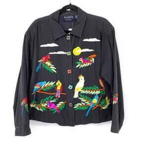 VTG Embroidered Bird Jacket Womens XL Black Art Jacket Whimsical 90s Statement